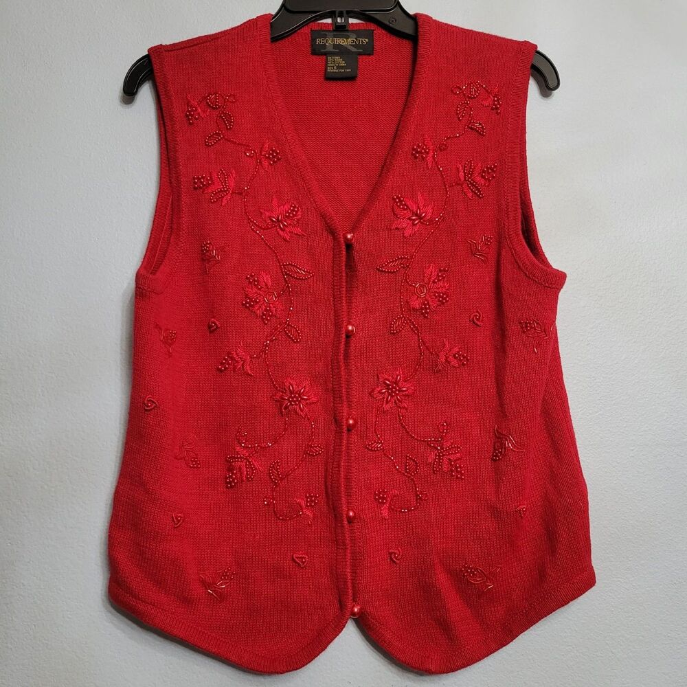 REQUIREMENTS Red Floral Embroidered Beaded Knit Sweater Vest S Monochrome Granny